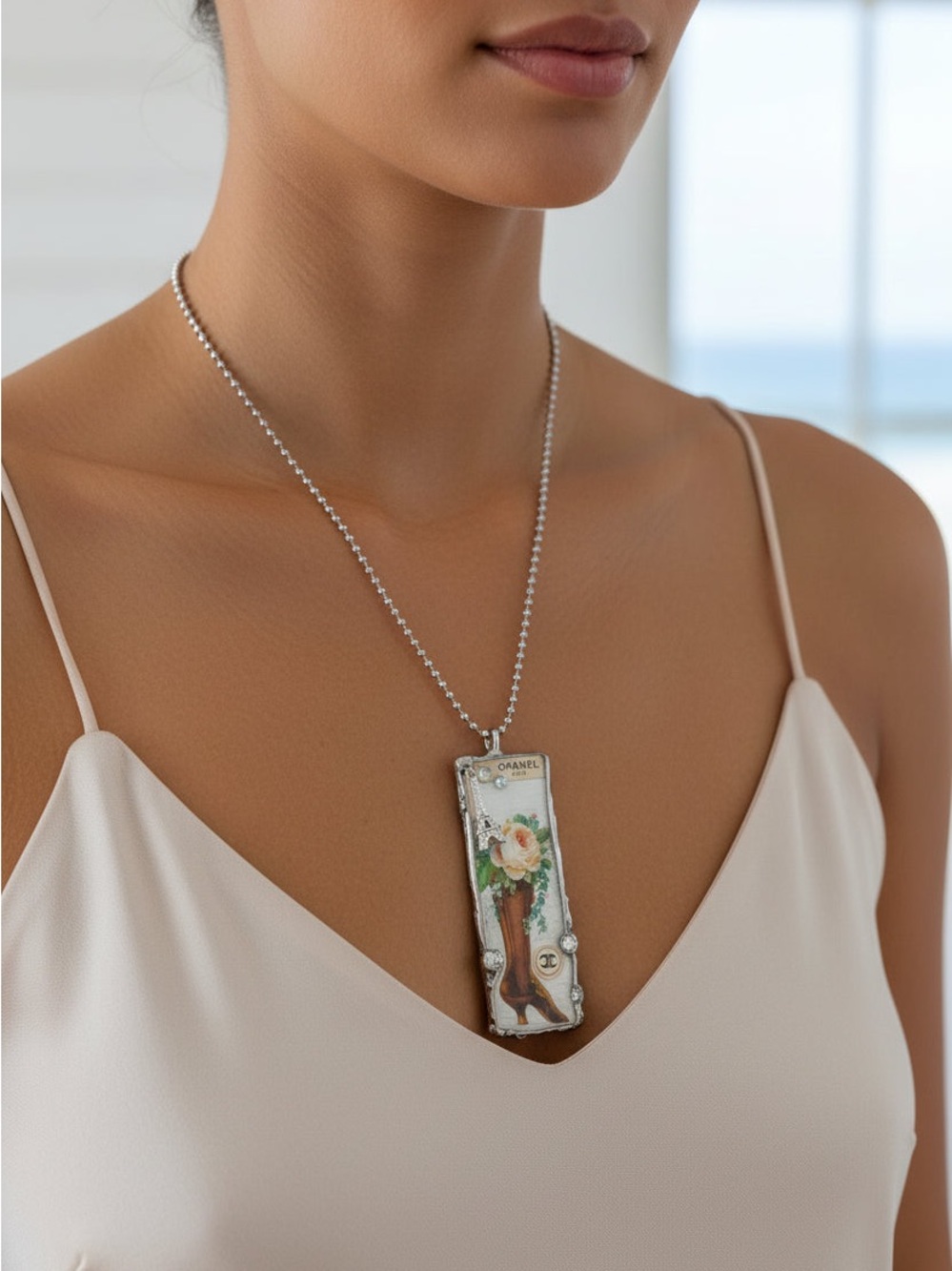 Artisan Mixed Media 3D Pendant w VNTG Perfume Paper 3D Eiffel Tower & Crystals